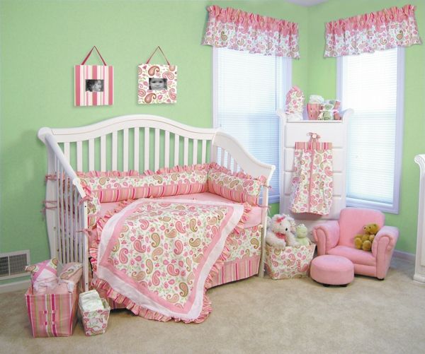 -Baby-sängkläder babyroom-set green-rosa