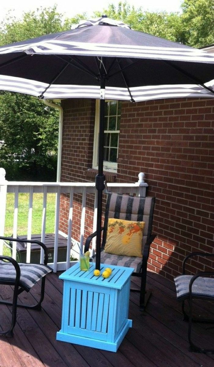Bahçe şemsiyeleri Lacivert-modeli beyaz çizgili şık-Kleier-mavi-masa limon