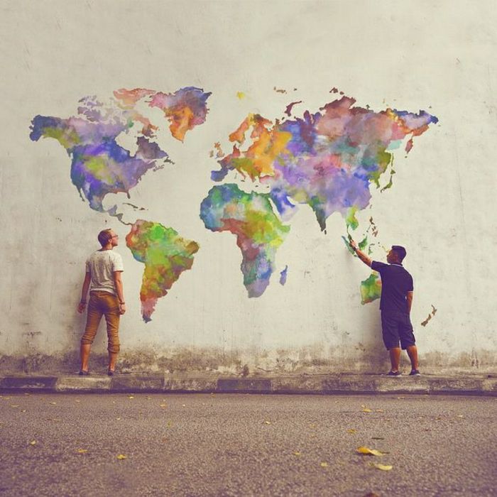 immagini di costruzione muro di graffiti Mappa del mondo Continenti disegni colorati Men