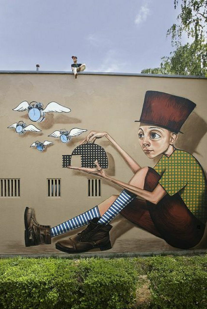 Building Wall graffiti-time catcher Cage flygande klockor