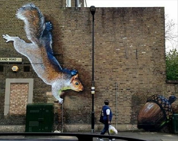 Budynek ceglany mur graffiti, Squirrel Acorn zabawny rysunek
