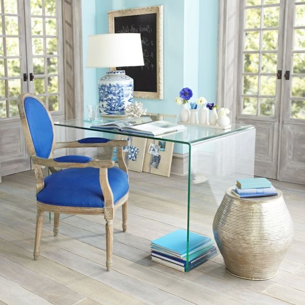 Glas desk-med-minimalistisk design blå stol