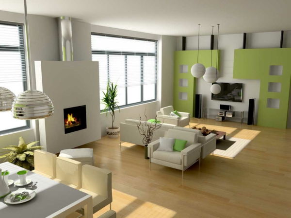 Žalia - Sienos spalvos modernus interjero dizainas gyvenamasis kambarys
