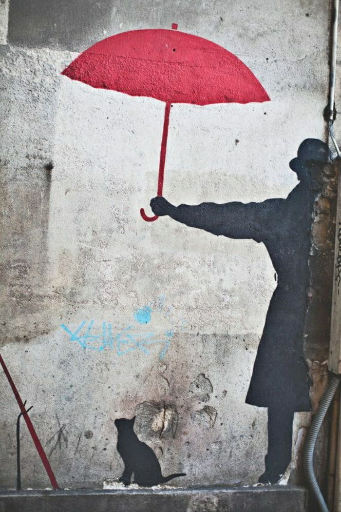 Graffiti na ścianie budynku obrazy człowiek Red Umbrella Cat