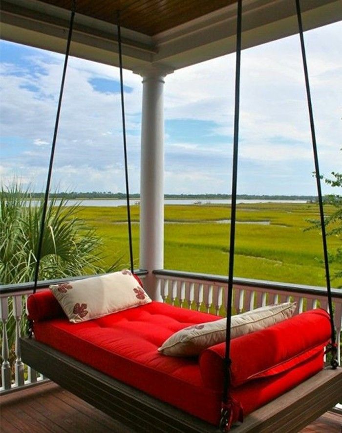 Hengekøye-utendørs rød madrass-veranda-huset