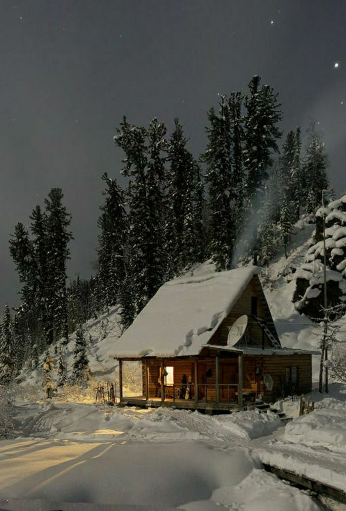 Cabina Log Cabin Munții de zăpadă Copaci noapte