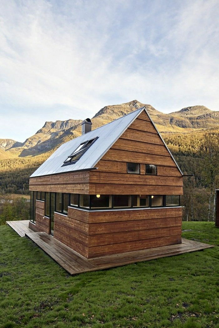 Hut-lemn și un design modern din sticlă Munții Grass Natura
