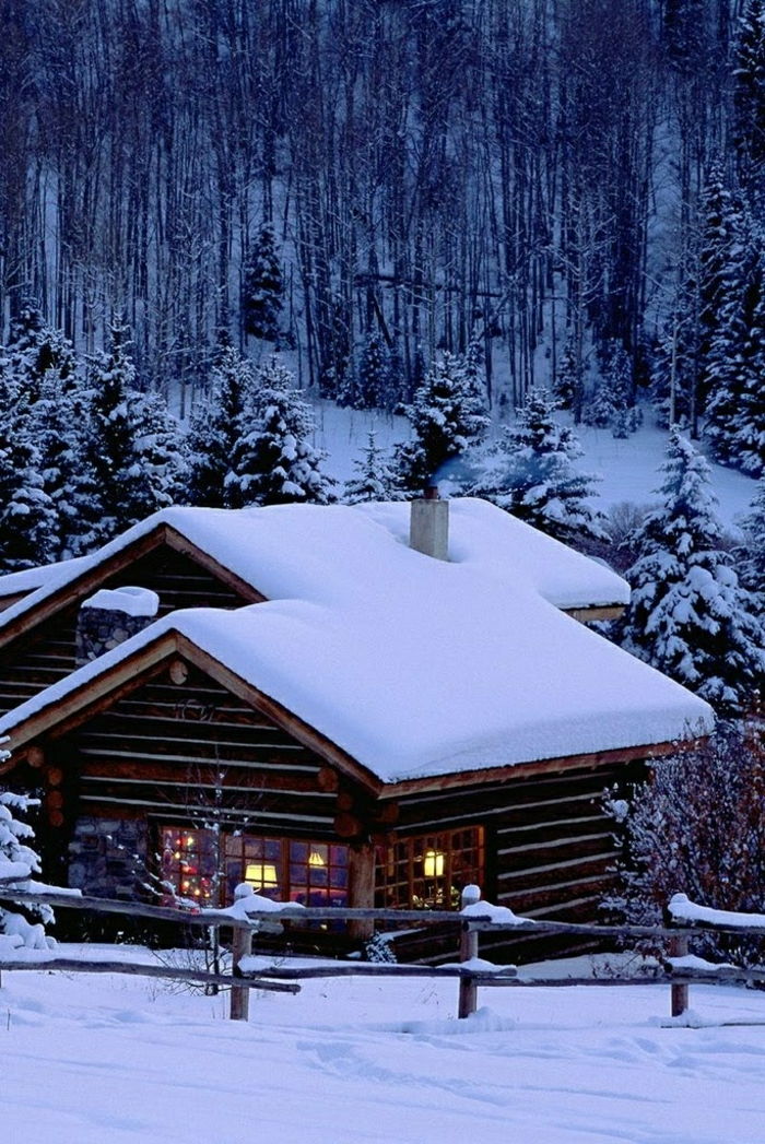 Cottages Mountains Winter Bomen van de Sneeuw
