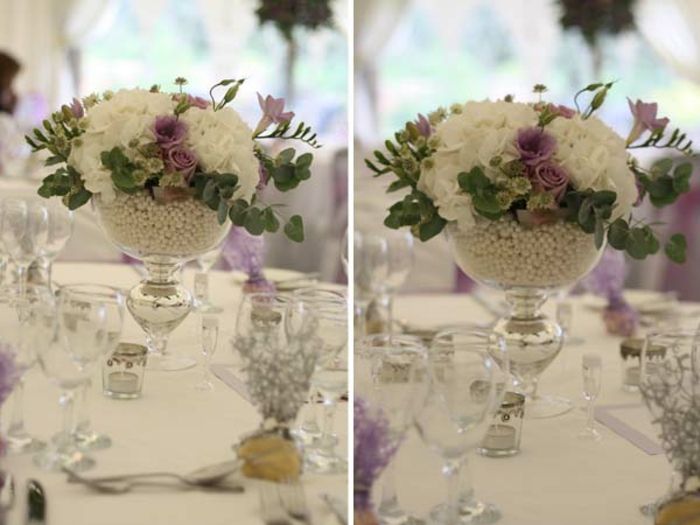 Düğün masa dekorasyonu-menekşe ve beyaz