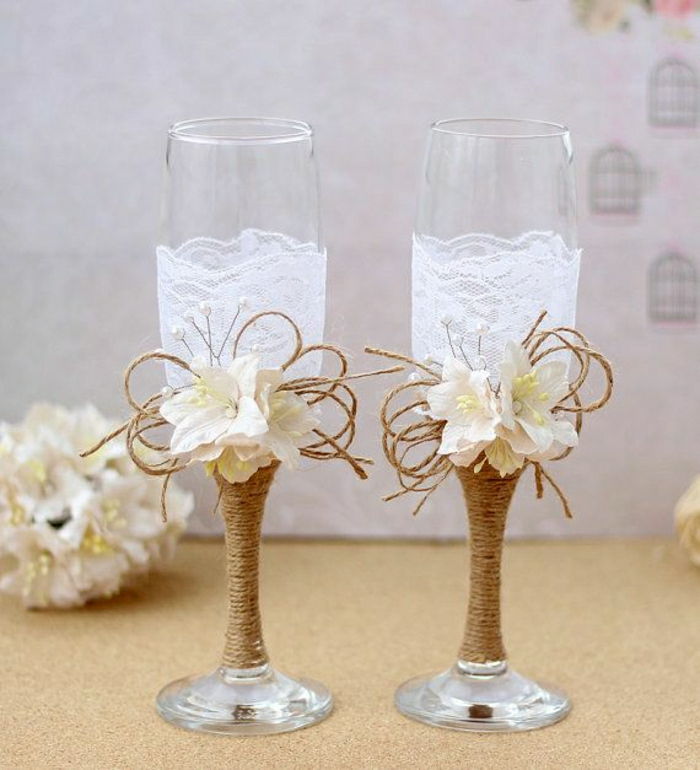 Vestuvių akiniai Šampanas Styginių viršų gėlių apdaila