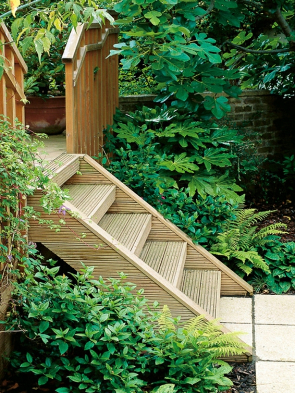 Ahşap merdiven-in-the-bahçe-çakıl-yollar-yeşil bitkilerin ortamı