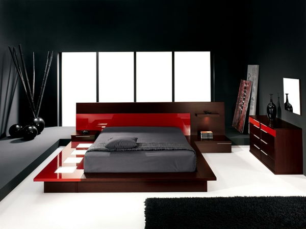 Designidéer sovrumsmöblemang-svart-röd-vit