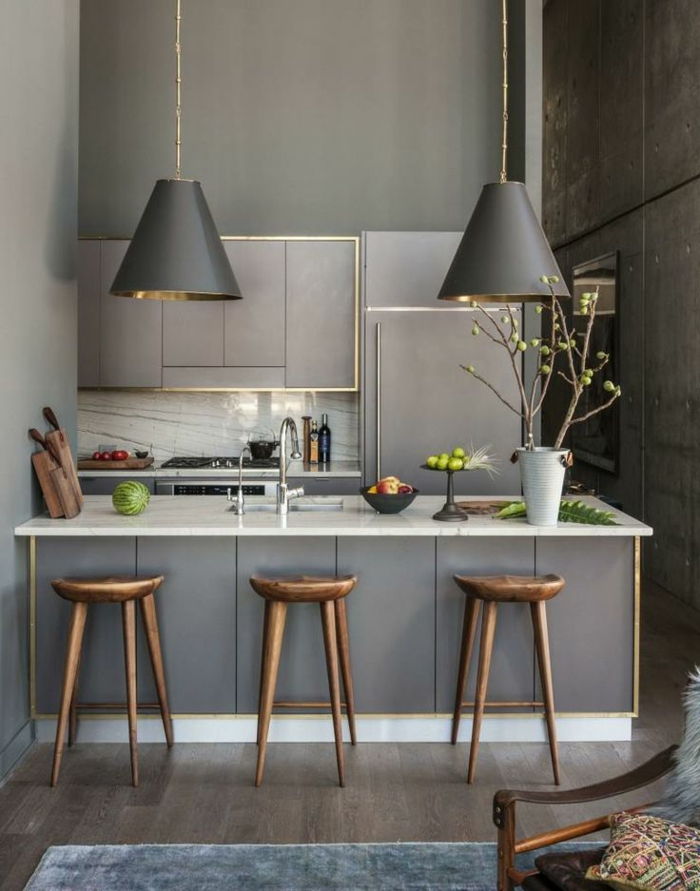 Bucătărie-gri design interior și elegant scaun bar din lemn