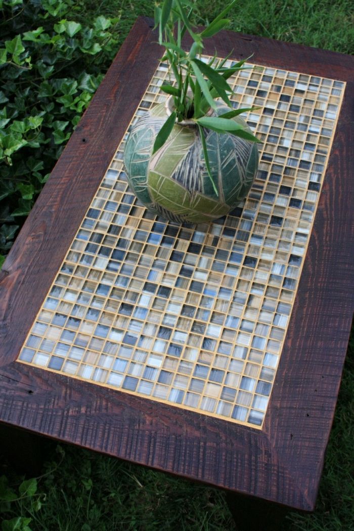 Cafea-masă din lemn decorare mozaic ghiveci