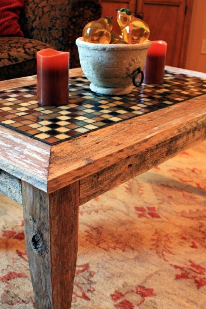Cafea masă din lemn masiv decorare mozaic rustic