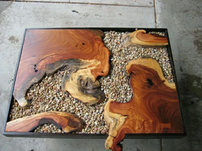 Coffee-table ciekawy design drewno kamienie