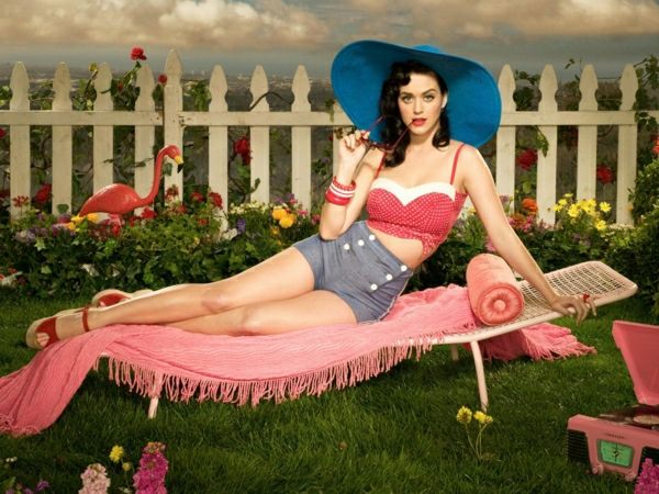 Katy Perry Grammofon blå hatt solglasögon Denim Flamingo staket