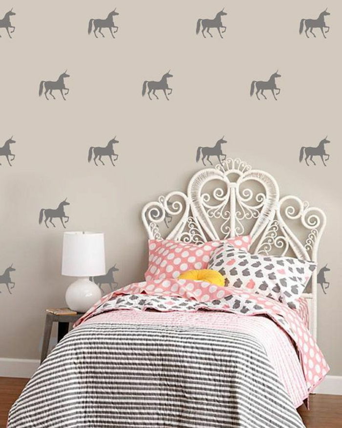 Materská dievča princezná posteľ ružové listy Wall Sticker Unicorn