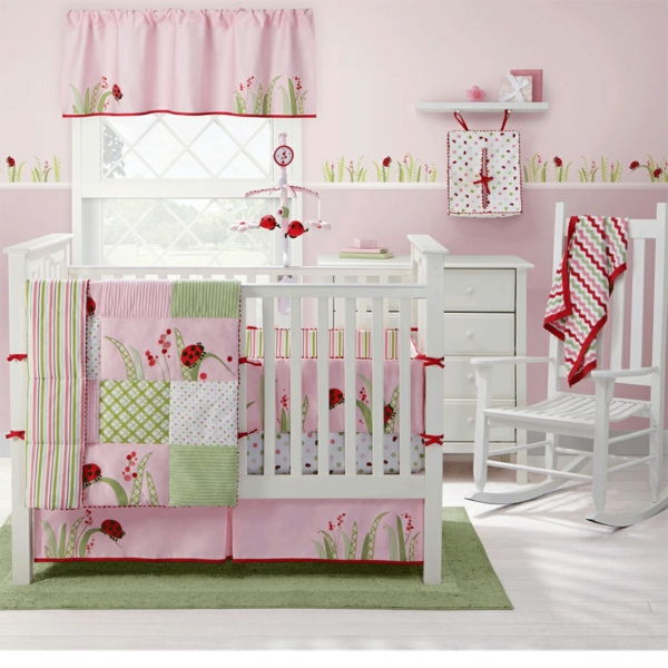 Ladybug Spjälsäng Bedding Set-med-färger-vit-rosa-bilder