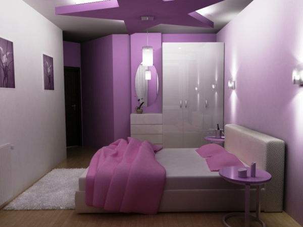 Violetinė sienos spalvos modernus interjero dizainas Miegamojo