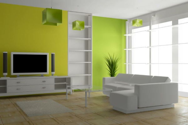 Kalkių žalia ir geltona, gyvenamasis kambarys sienos spalvos moderni