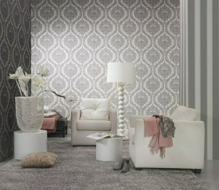 Luxo Wallpaper barroco Padrão efeito de prata-branco-3D