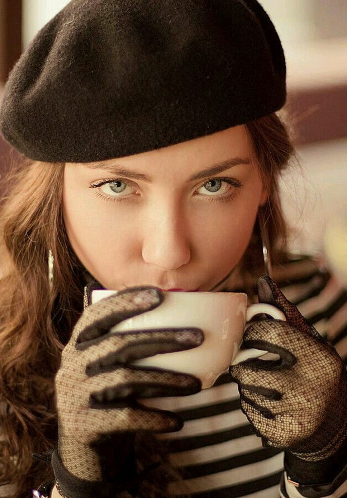 estilo do chapéu-Francês boina preta luvas de uma menina Lace do copo de café