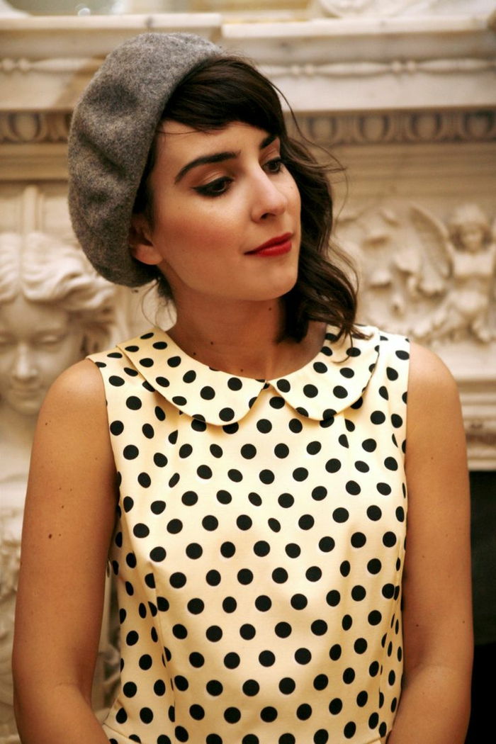 Meninas Polka Dot Vestido Beret chapéu de lã cinza-chic-moderna