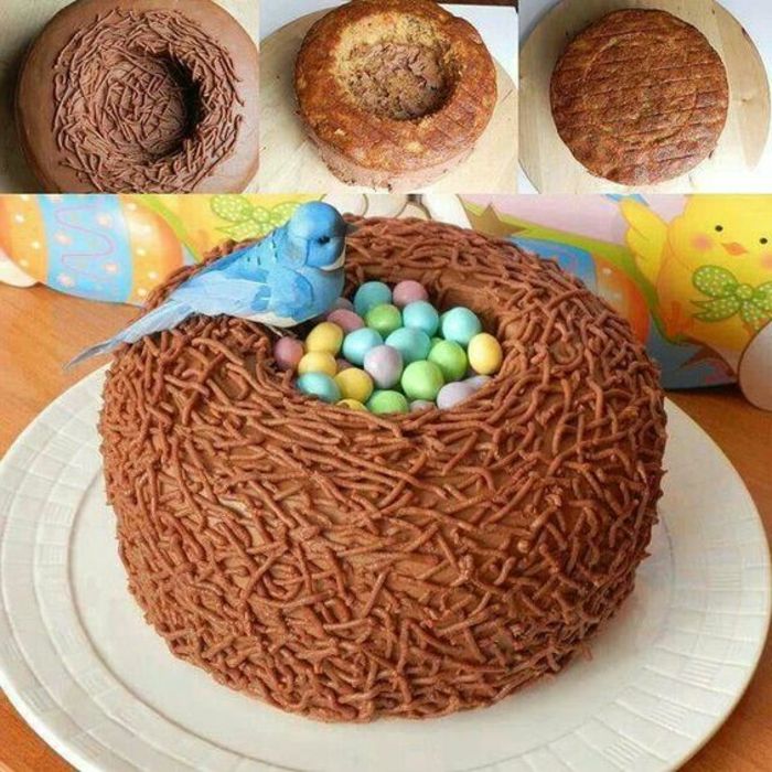 Velikonočna torta, izdelana iz čokoladnih žetonov, izdelanih iz fondanta