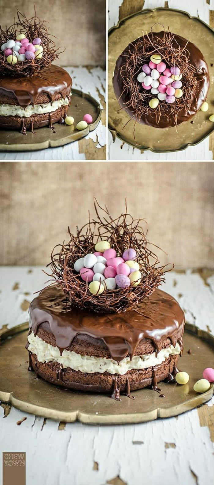 Šokoladinis pyragas su Velykų motyvu Velykų krepšelis su mažais spalvotais kiaušiniais