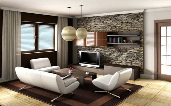 Prírodné kamenné múry v obývacej izbe a bielej pohovky
