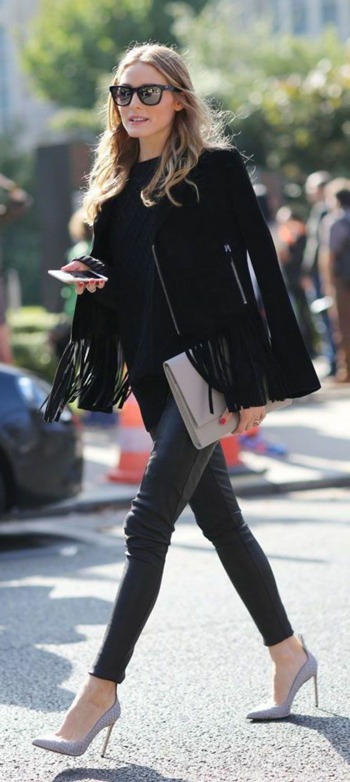 Olivia Palermo Kort modell Coat fransar svarta skinnbyxor