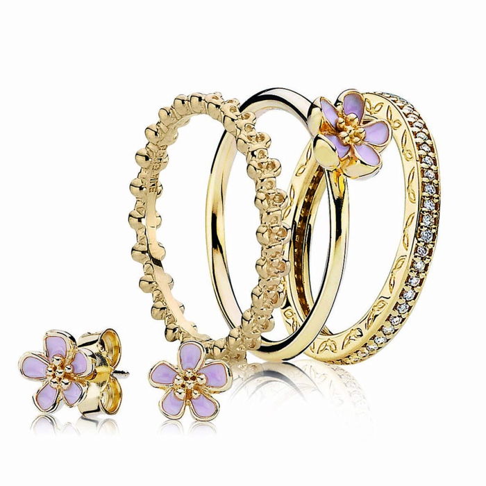 Pandora inele flori de aur-diamant violet