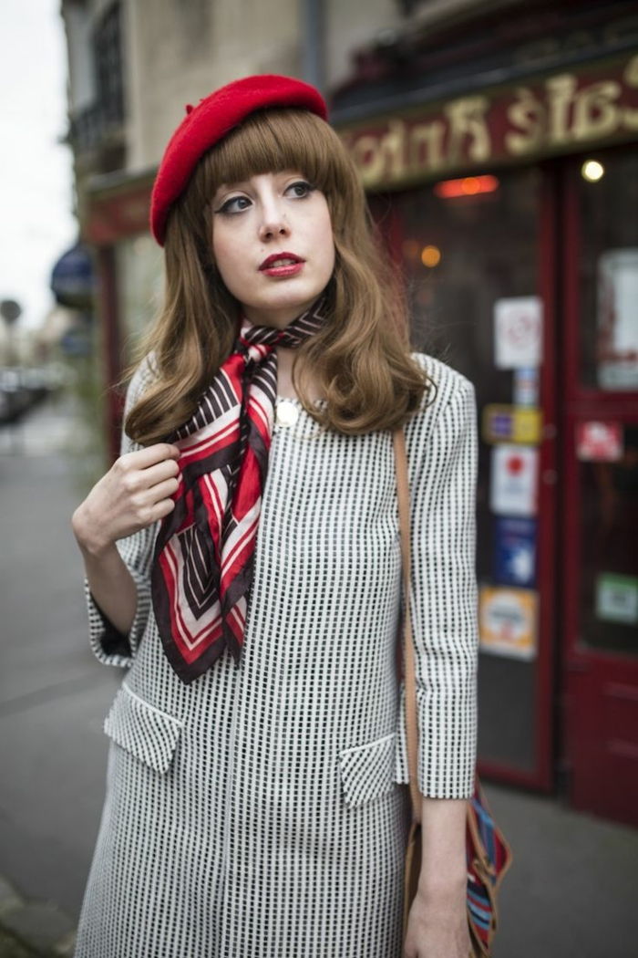 Paris Street Fashion Coat fular de mătase roșie-pălărie-stil francez