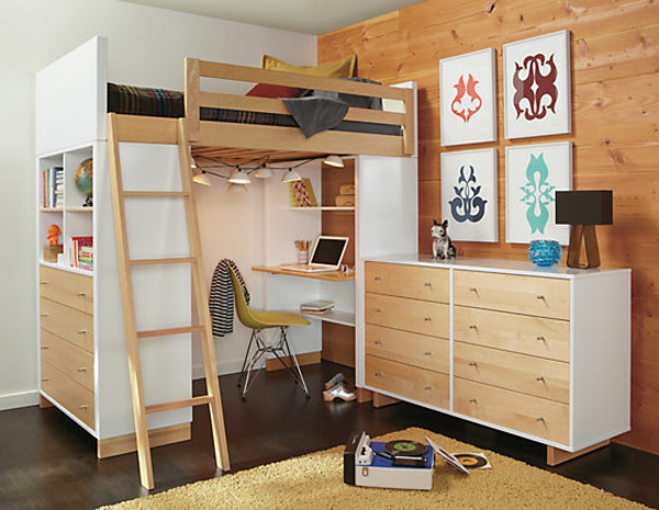 Rumsbräda-hög säng-barns-lärande-rum-skrivbord-loft-bädd med skrivbord