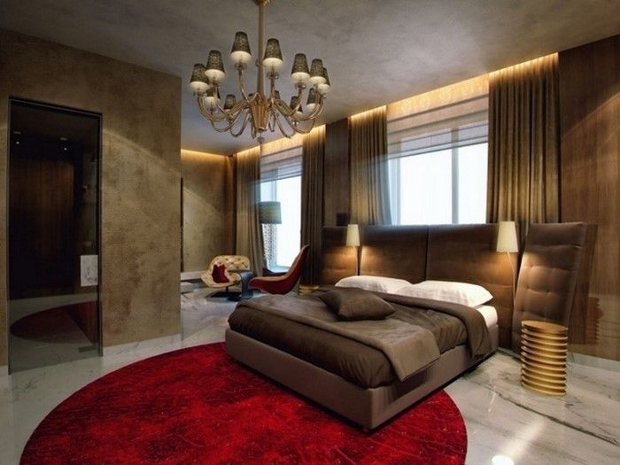 Raudona miegamasis dizainas moderniai interjeras