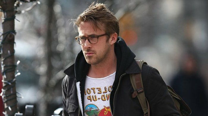 Ryan Gosling-black-giacca-symoatisches modello hornbrille