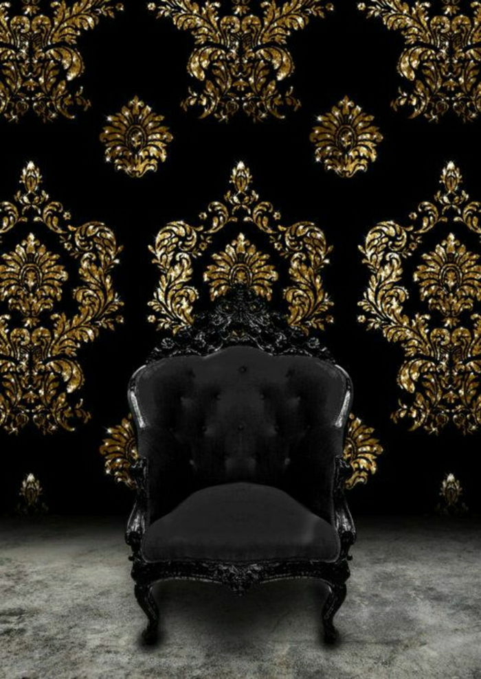 Sammetsfåtöljer och svart barock vägg svart tapet Golden dekoration barockstil