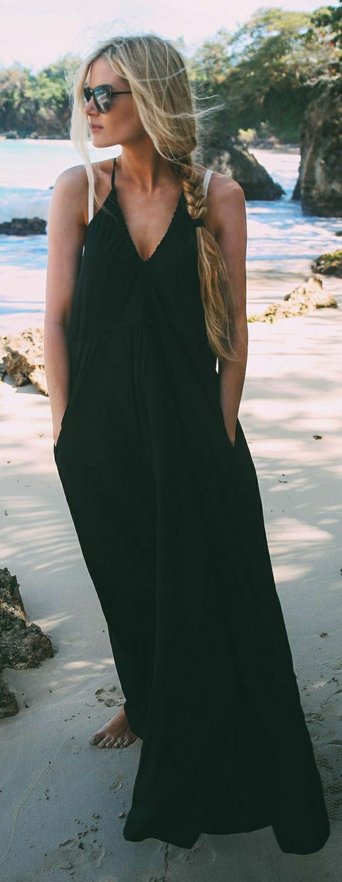 Nisip de vară pe plajă lung negru ochelari de soare Dress