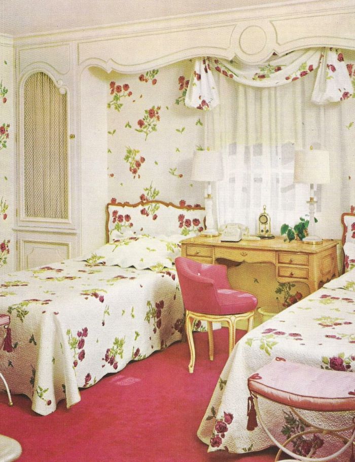 Sovrum Sängkläder Gardiner Bakgrund vintagestil samma mönster