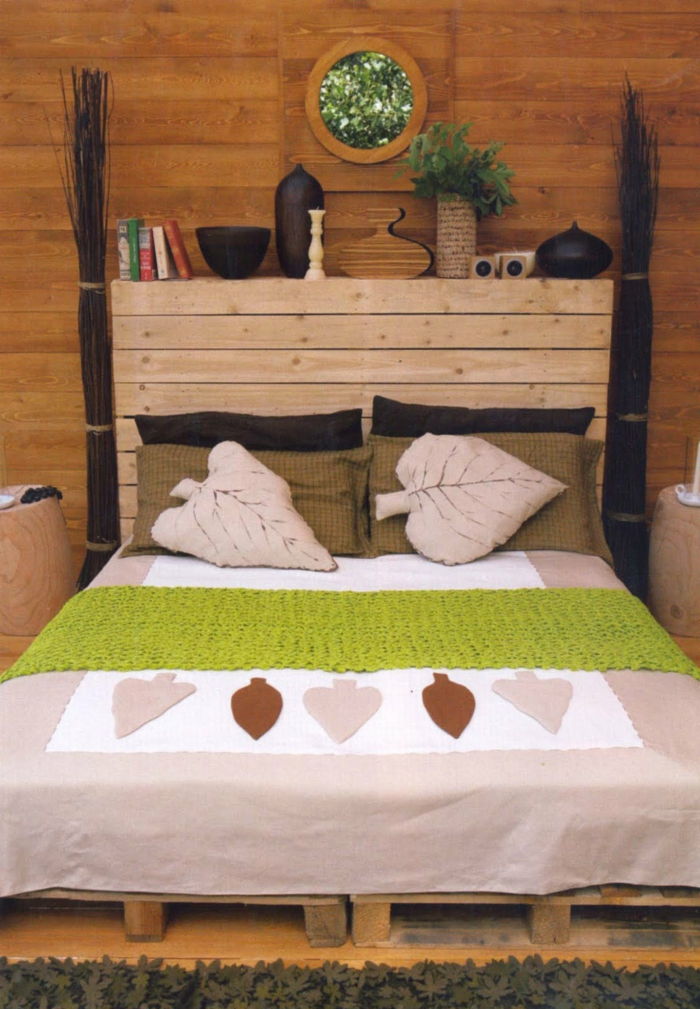 Miegamojo dvigulė lova paletė graži užvalkalai Lapai pagalvę