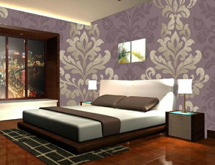 Dormitor tapet-auriu-violet floral