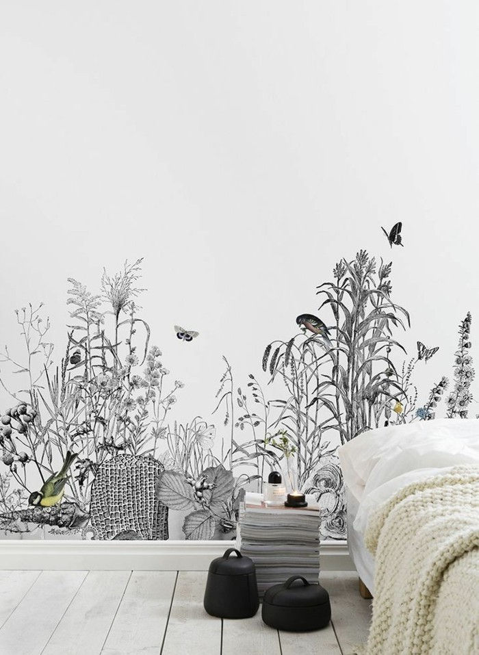Dormitor cu naturaler-atmosferă-negru-alb-tapet natură imagine