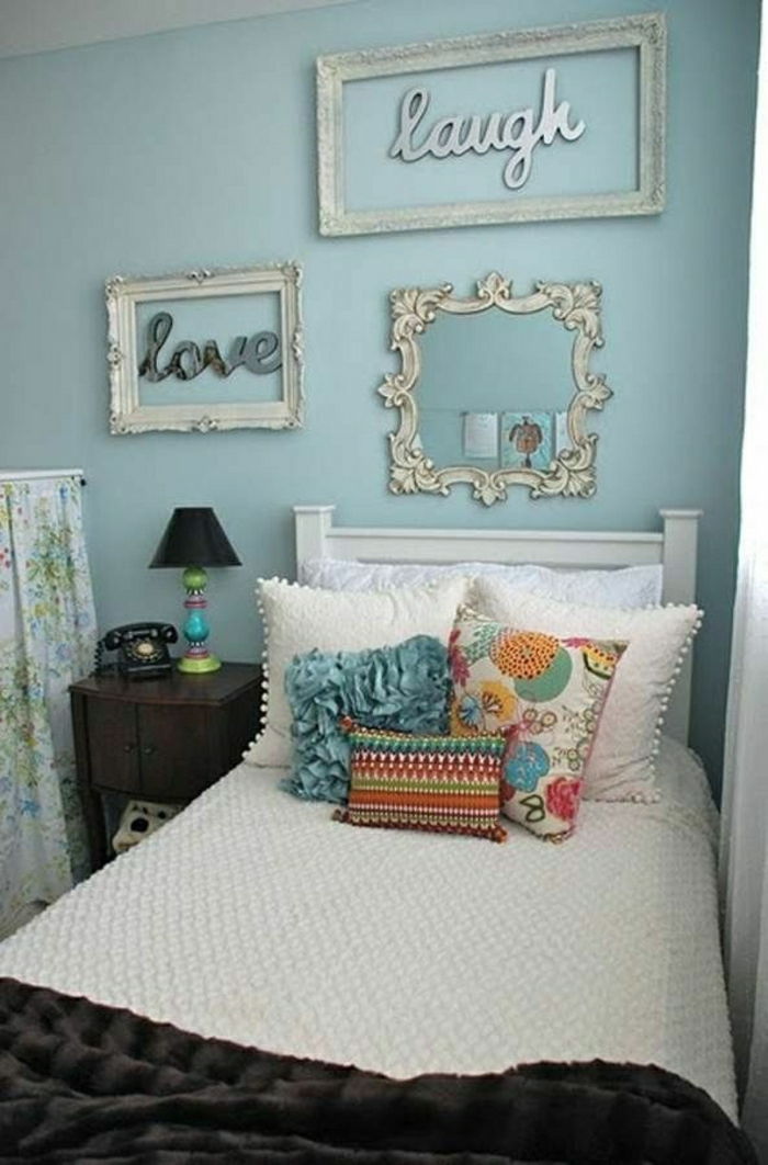 Quarto romântico-azul chique decoração da parede inscrições frame de prata