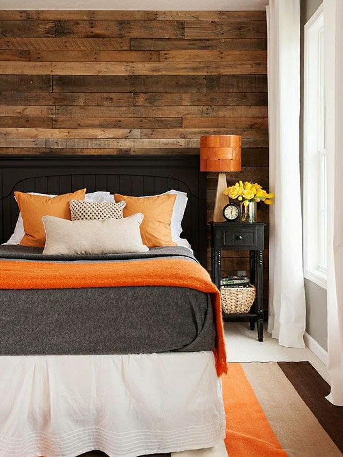 Miegamojo kaimiškas elementai antklodžių-oranžinė pilka