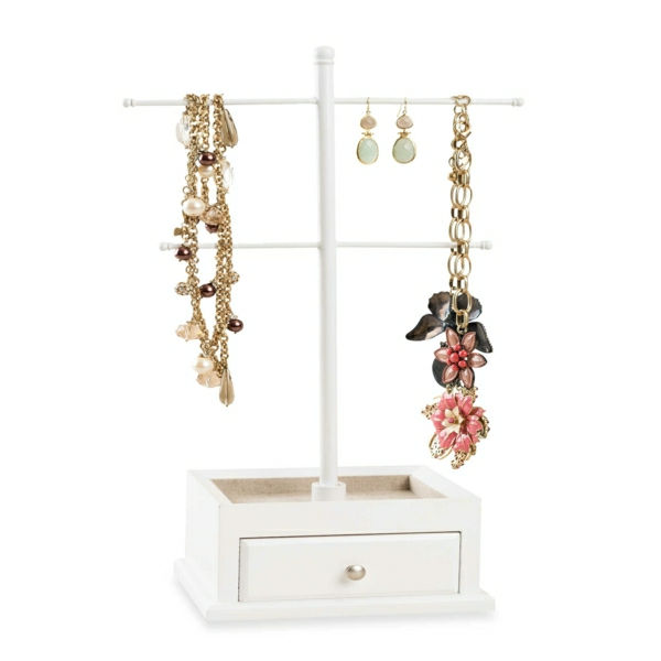 Bijuterii stand-lemn-alb-sertar colier de perle cercei floare