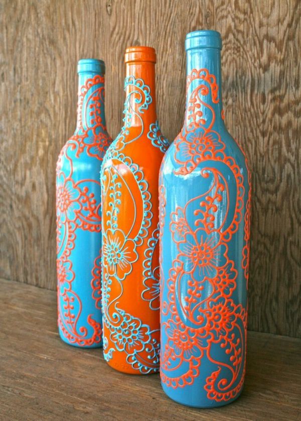 Set drie flessen wijn henna versiering Blue Orange