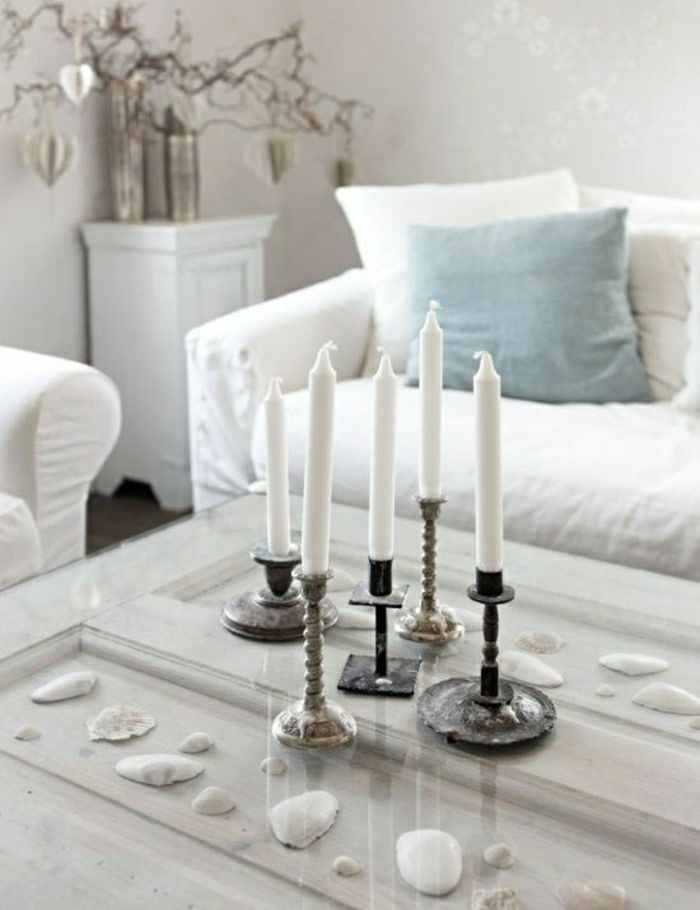 Shabby Chic soffbord och vitt trä och glas dekoration strand snäckskal