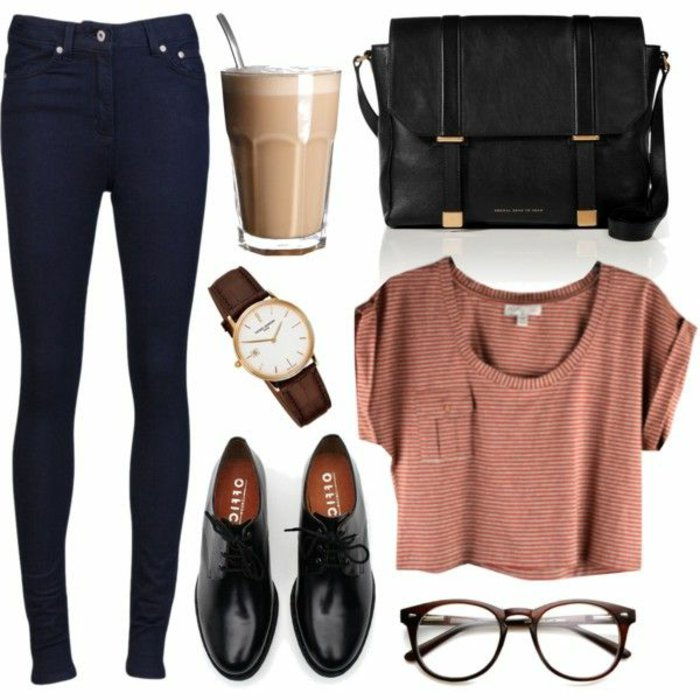 Ulična moda ženske dnevno oblačila, kavbojke, top oxford čevlji-klasični model, ure cappuccino velike črne-bag-Nerd-očala