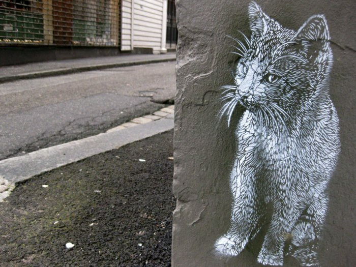 Artysta Street Cat czarno-białe graffiti,